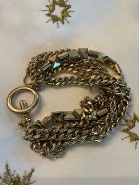 Glamour Studded Multi Layer Gold-Tone Multi-Chain Toggle Bracelet